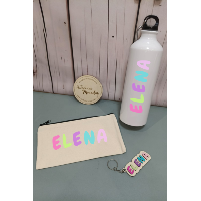 Pack Vuelta al Cole Personalizado  Bidón 800 ml + Estuche + Llavero de Madera
