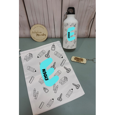 Pack Vuelta al Cole Personalizado  Bidón 400 ml + Bolsa Desayuno + Llavero