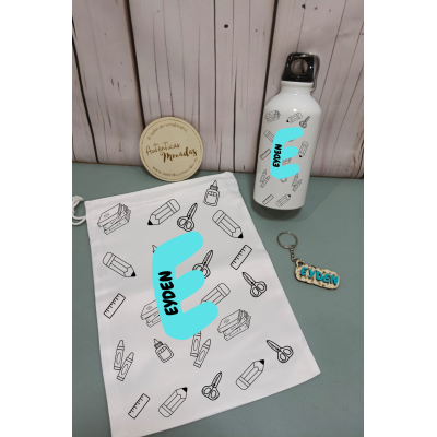 Pack Vuelta al Cole Personalizado  Bidón 400 ml + Bolsa Desayuno + Llavero