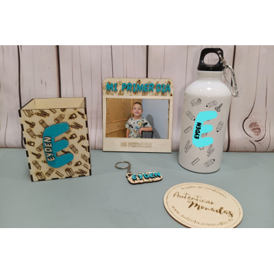 Pack Vuelta al Cole Personalizado  Portalápices + Llavero + Imán Mi Primer Día + Bidón